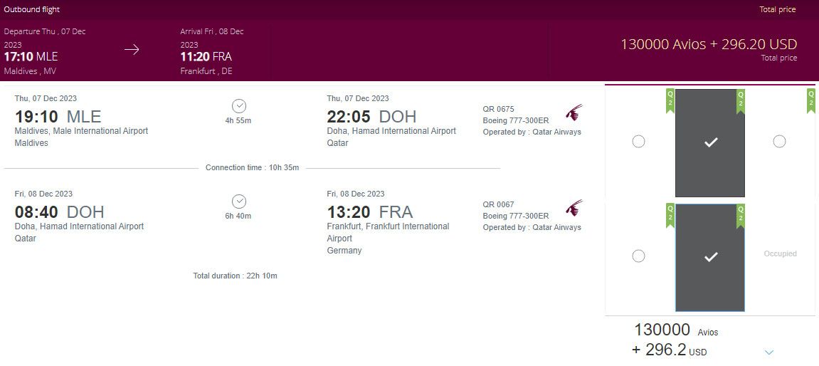 Qatar Airways von MLE nach FRA als Flexi Award