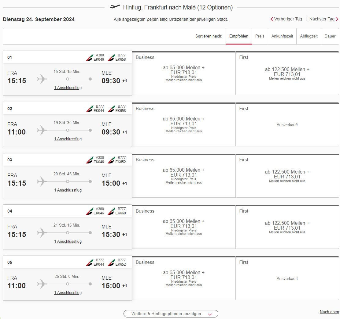 Emirates Frankfurt Malé Übersicht Hinflüge