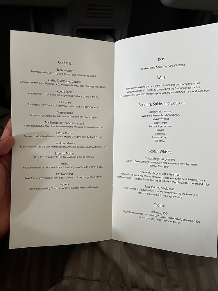 Emirates Business Class Boeing 777 - Menu