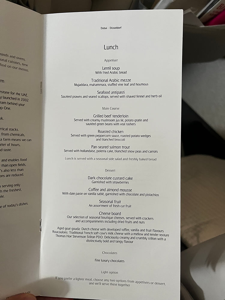 Emirates Business Class Boeing 777 - Menu