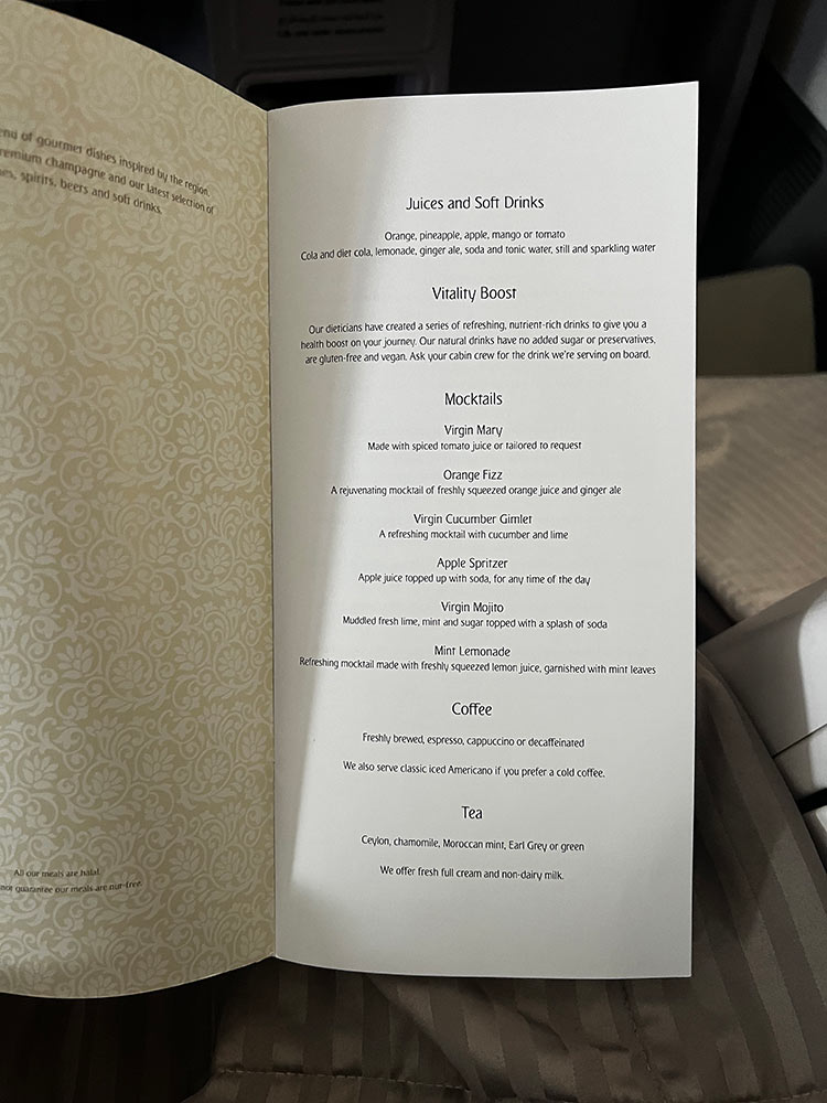 Emirates Business Class Boeing 777 - Menu